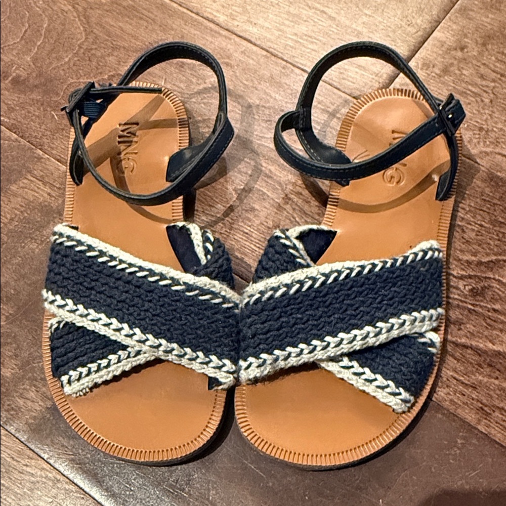 Mango Navy Braided Cross-Strap Sandals with Cream Trim
